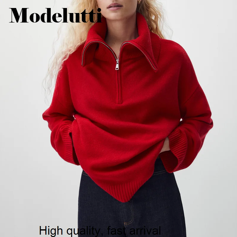 

New Spring 2023 Autumn Temperament Polo Collar Sweater Zipper Fashion Knit Solid Color Simple Casual Top Women