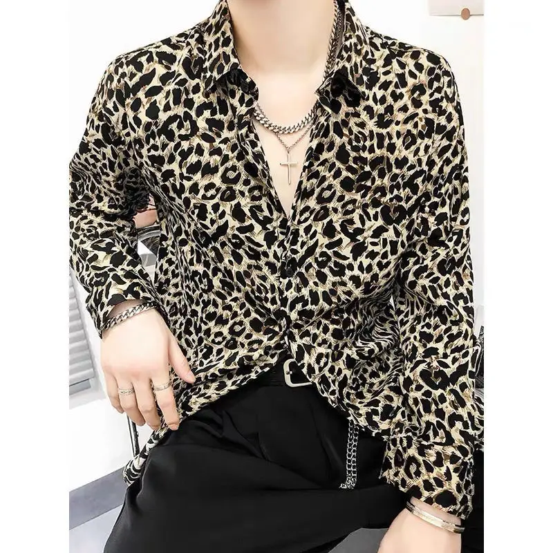 Spring Autumn New Fashion Turn-down Collar Long Sleeve Leopard Blouse Men\'s Clothing Printing Button Korean Trend Hip Hop Shirts