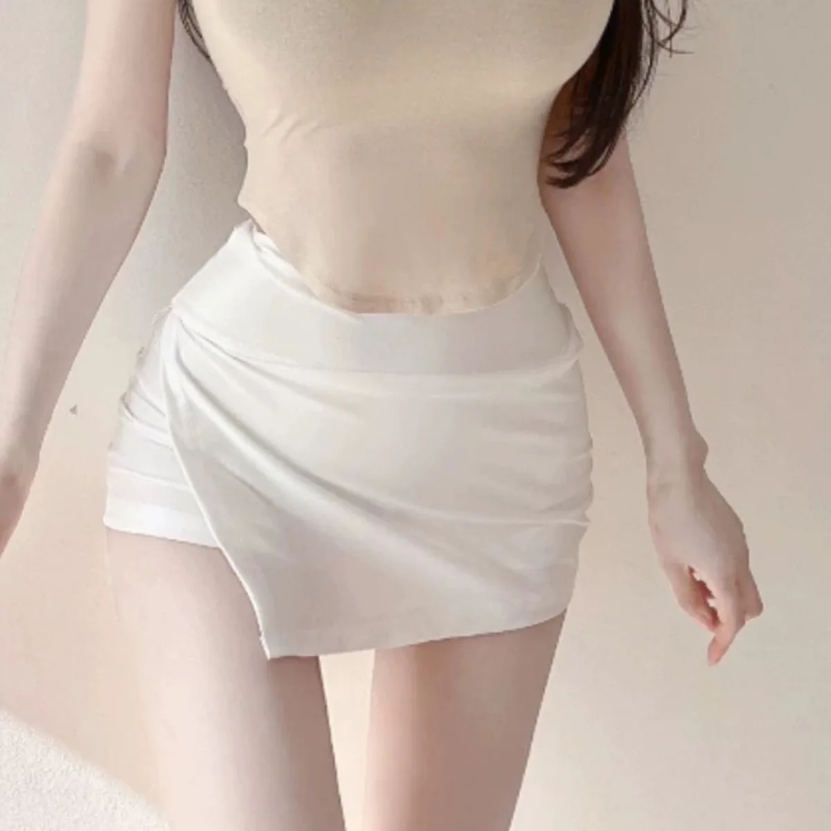 Sexy High Waist Slit Design Slimming Long Leaf Swing Short Skirt Pure Desire Leg Lengthening  Color Bodycon  Skirt