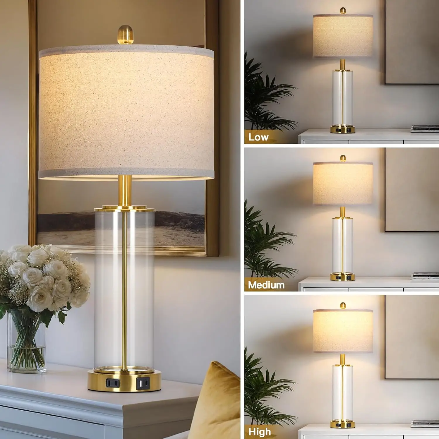 Lamps Gold Set Two Touch Table USB Ports Outlet Nightstand Bedroom Desk Living Room Dimmable Modern Elegant