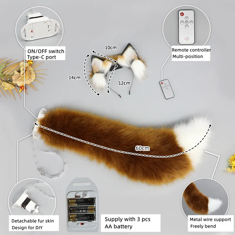 Costume de renard en fourrure avec bandeau et queue de chat - Oreilles de loup, gants de déguisement d'animal - Accessoires pour costumes d'Halloween et de costumade (C4-55 cm