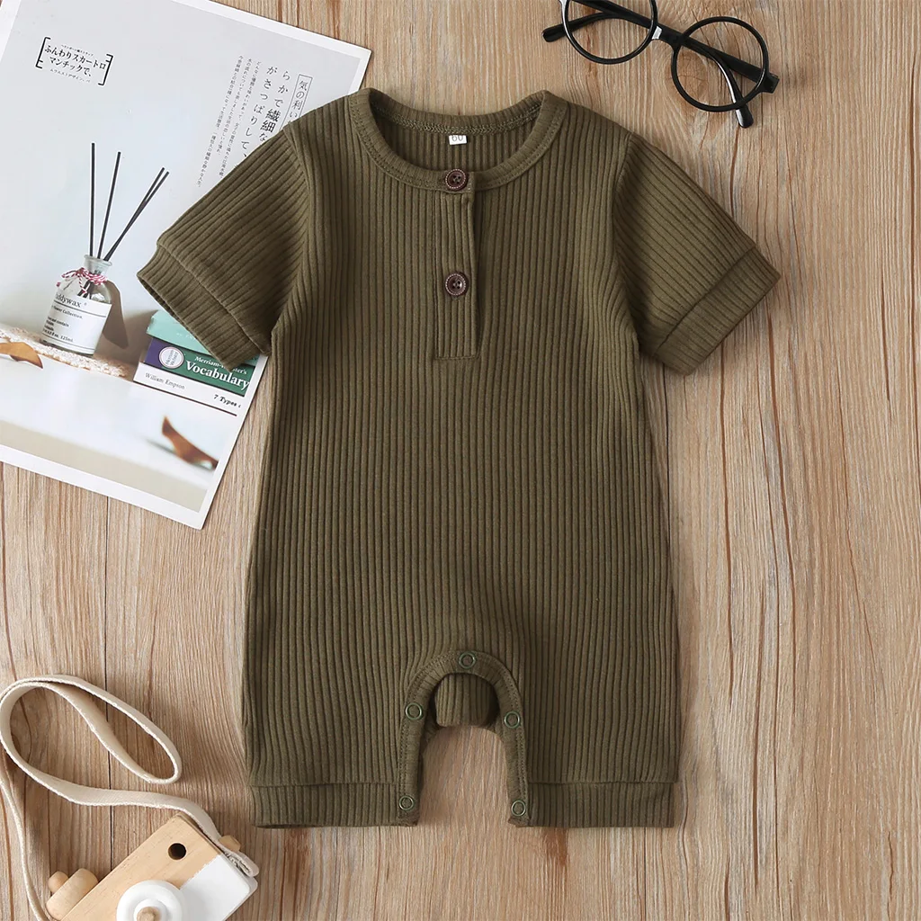 Newborn Baby Boys Girls Short Sleeve Romper Summer Toddler Clothes Infant Solid Color Knit Rib O Neck Jumpsuits Playsuit Outfits