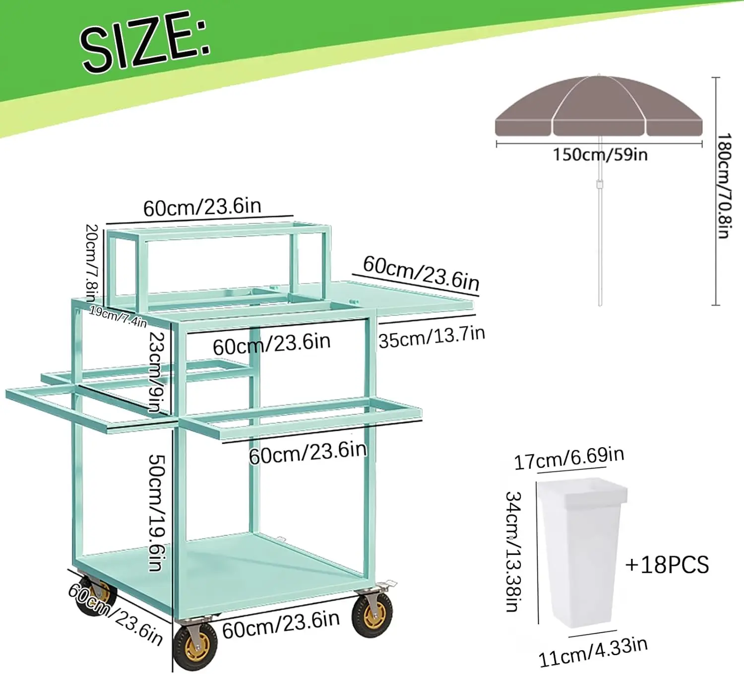 Metal Outdoor Flower Display Stand With Flower Display Stand With 18 Buckets, Flower Cart Display Stand With Wheels，Flower Cart