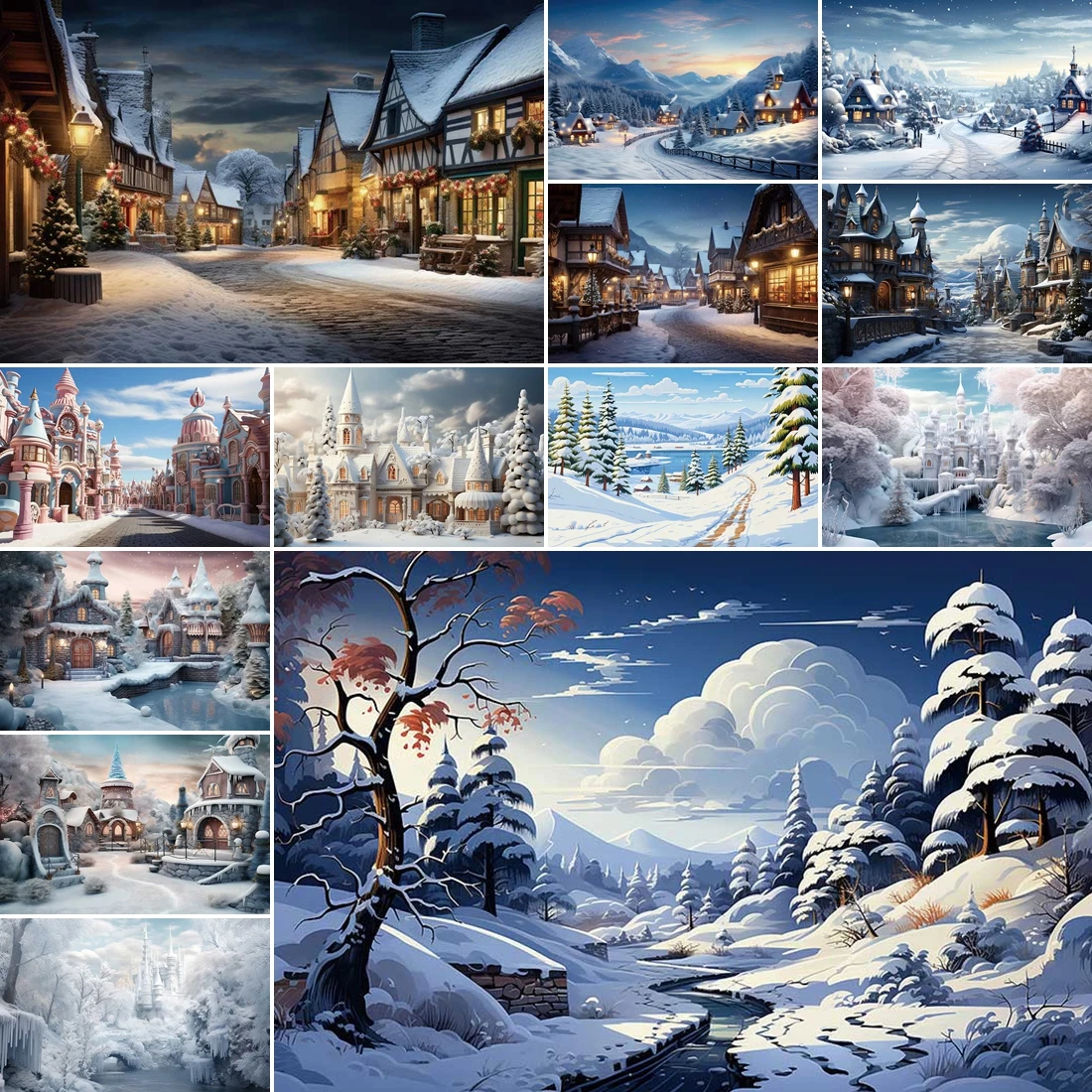 

MOON.QG Winter Frozen Castle House Photography Backdrop Town Pine Babin Photo Background Photozone Newborn Photography Props
