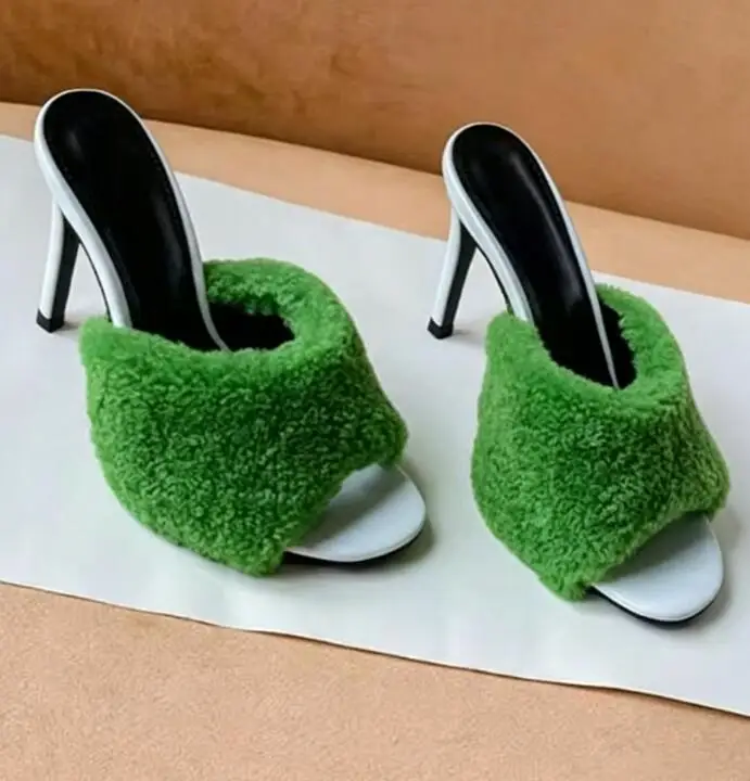Sexy Blue Pink Mink Fur Peep Toe High Heel Slipper Green Wool Fur Slingback Slide Slip on Sandals Shoes for Women
