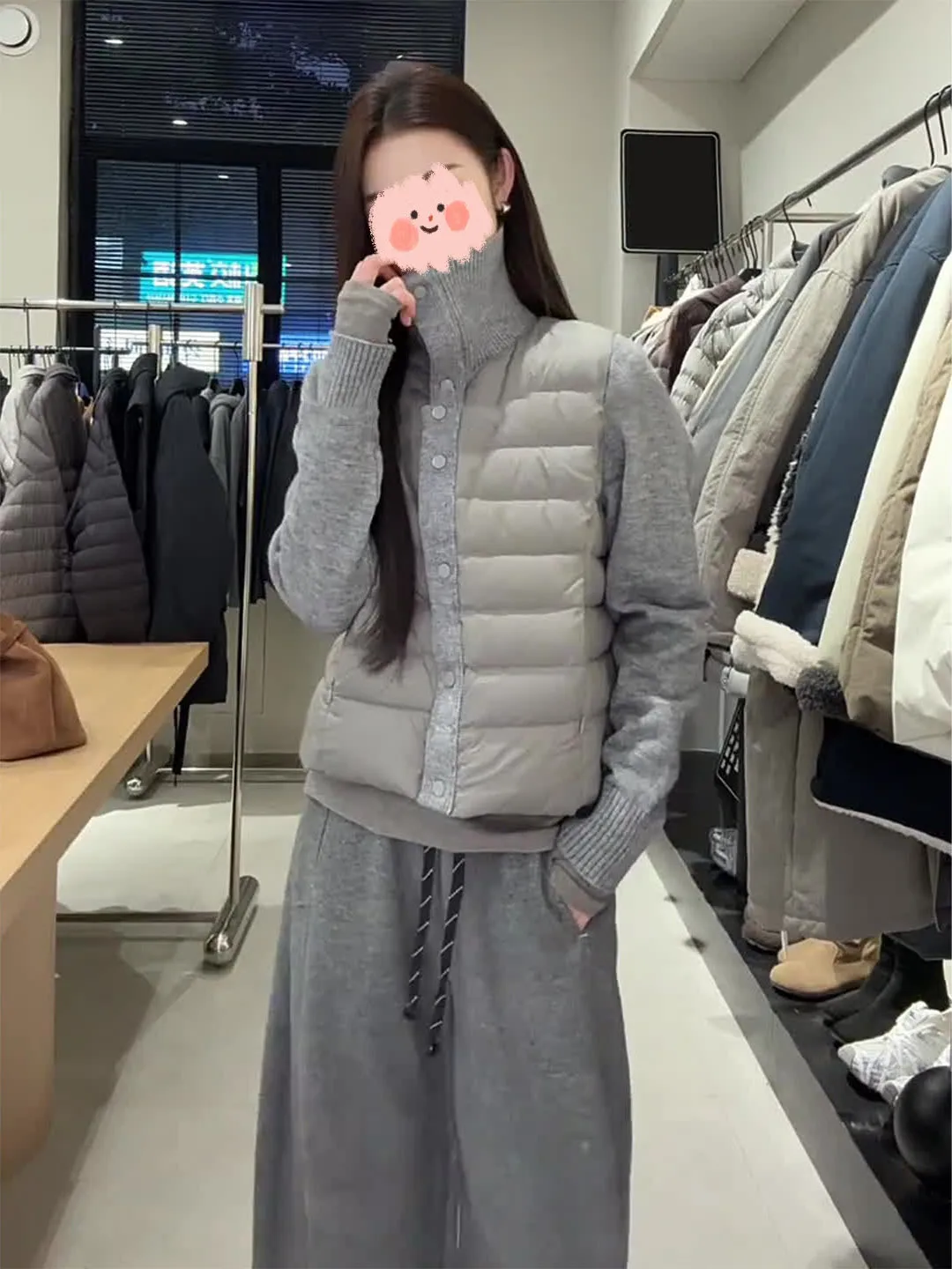 

Korean Style Knitted Long Sleeve Stand Collar Patchwork 90 White Duck down Cotton Jacket Women Winter New Short Coat