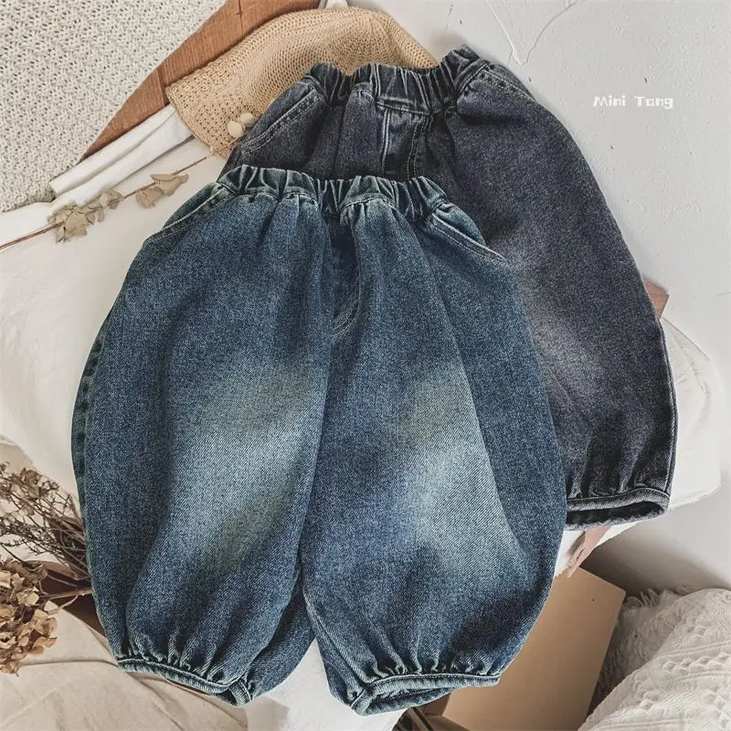 Korean Kids Children's Mill White Loose Boy Baby Pants Spring and Autumn Lantern Pants Girl Jeans for Girls Denim for Boys 2-10Y