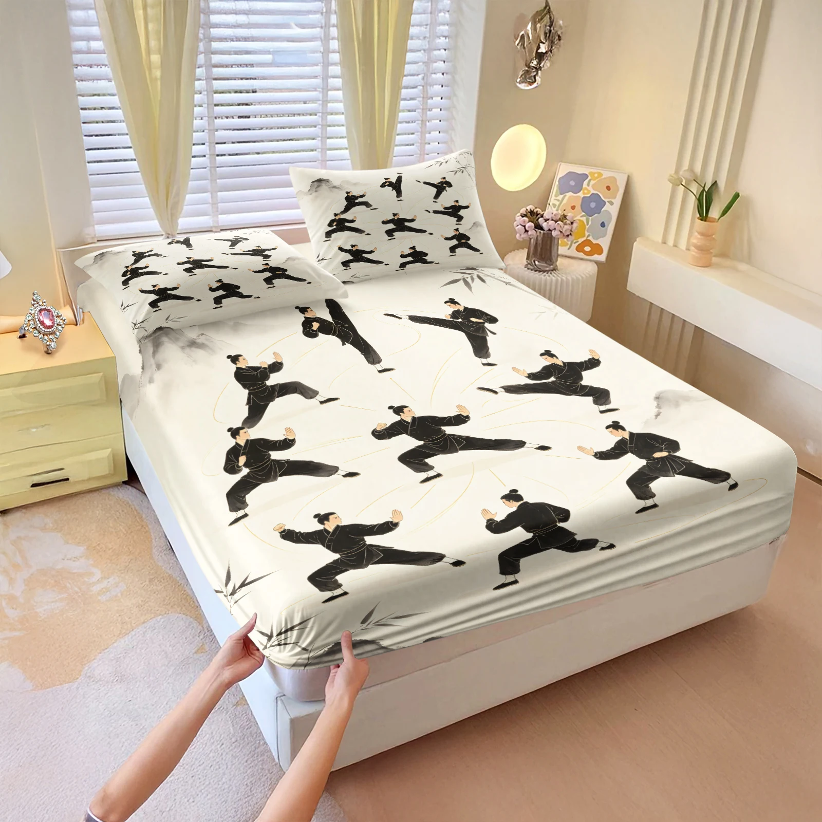 Traditional Chinese Martial Art Ink Style Fitted Sheet 3 Pieces Set Kung Fu Characters Print Mattress Protector Elastic Bedding