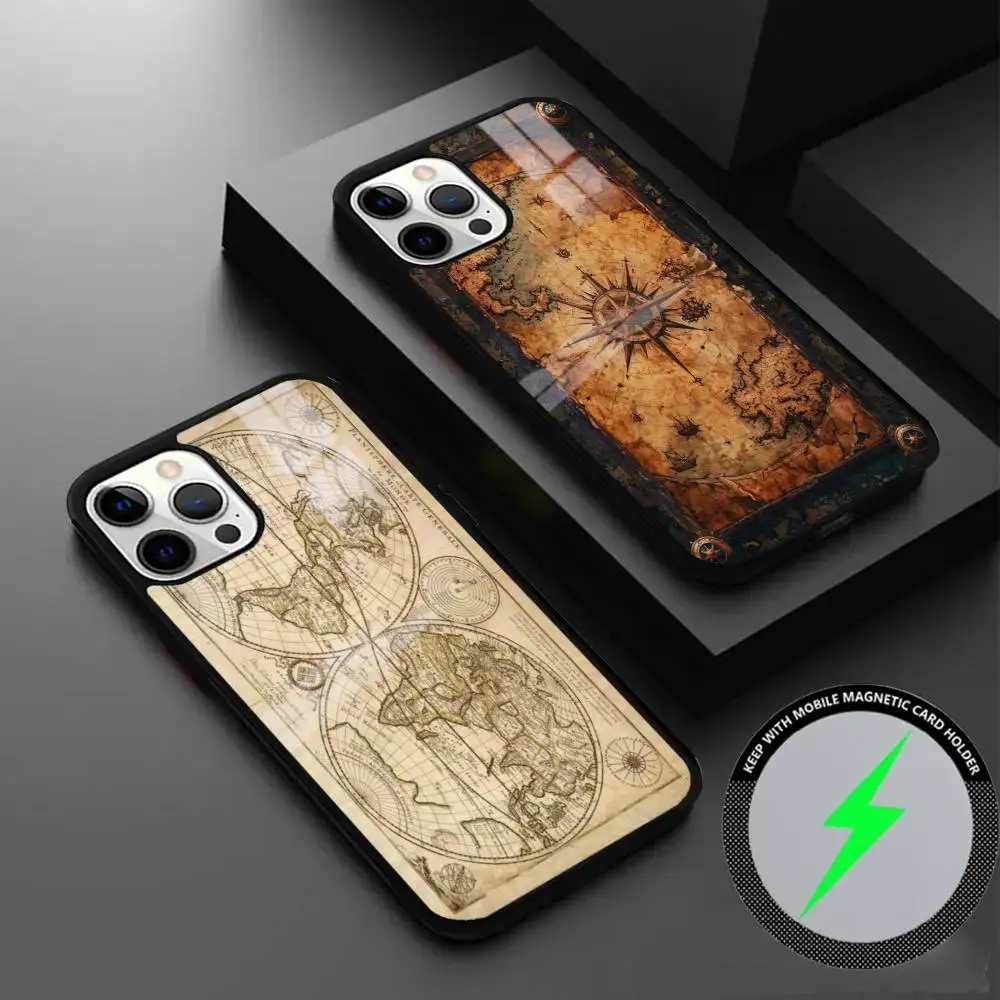 

Earth Ocean Map Phone Case For IPhone 16 15 14 13 12 11 Pro Max Plus Mini Magsafe Mirror Wireless Magnetic Cover