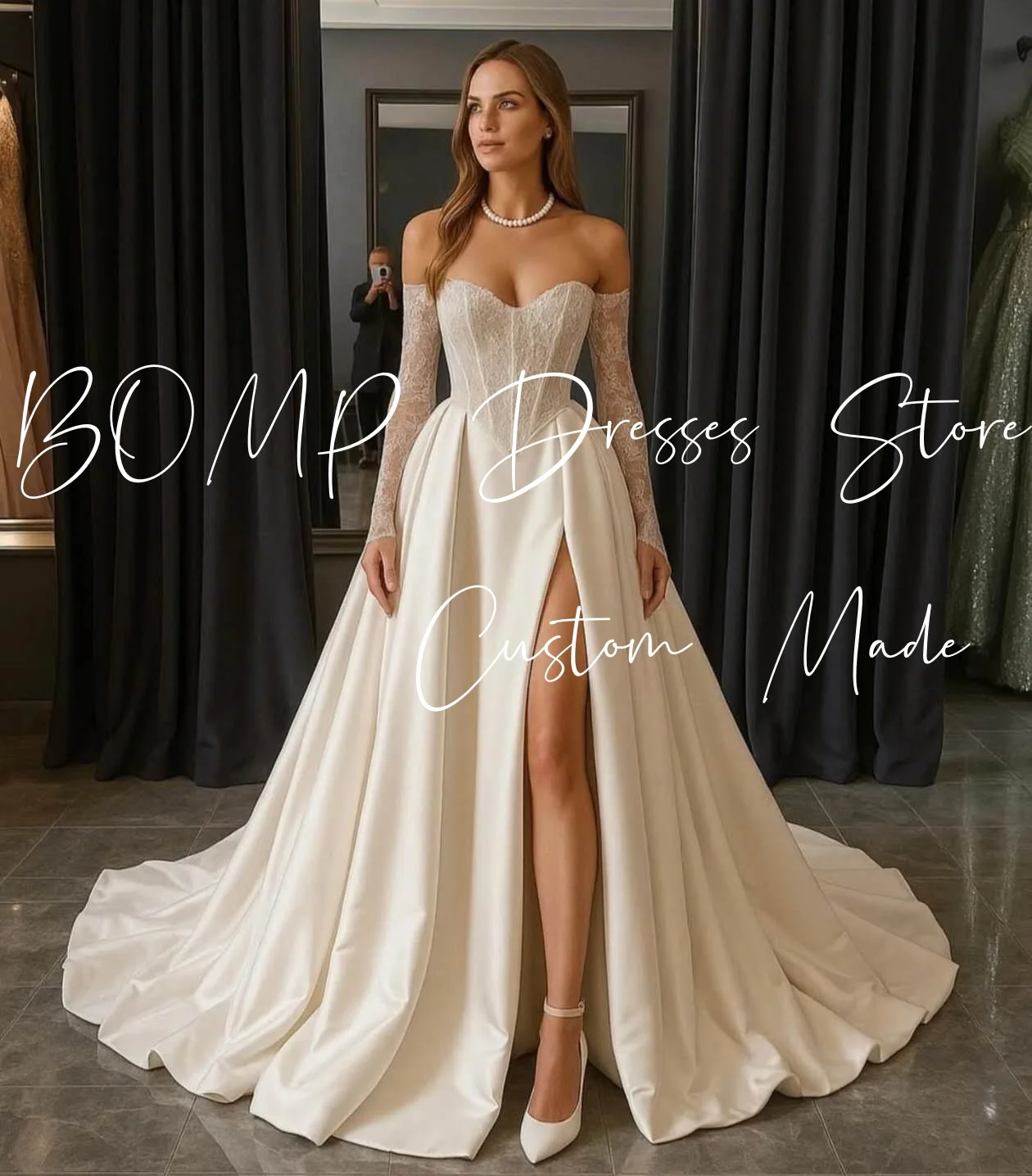 BOMP luxe épaules dénudées robe de mariée chérie ivoire Satin Corset côté haute fente robe de mariée personnalisé Vestido de novia