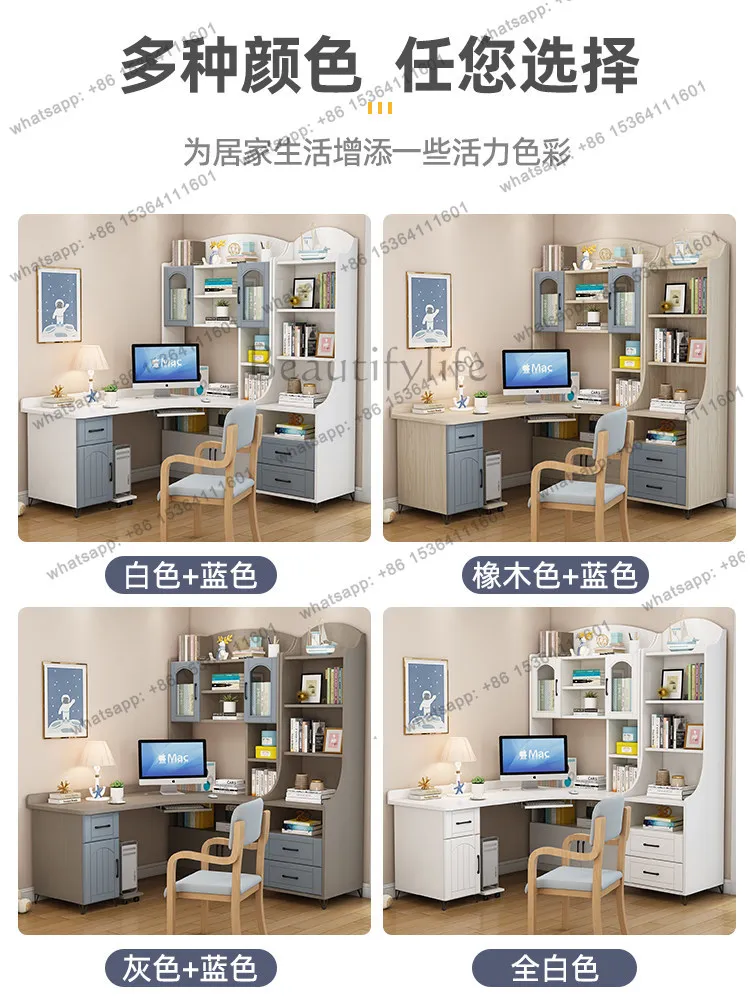 Solid wood computer desk Home bedroom Study desk Corner desk with bookcase