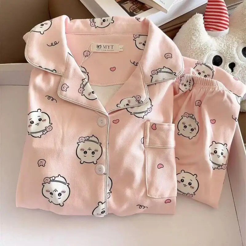 

Популярные женские пижамы Kawaii Chiikawa, пижамы в стиле аниме «Hello Kitty», брюки, модная одежда для сна в форме сердца для девочек, хлопковые студенческие пижамные комплекты