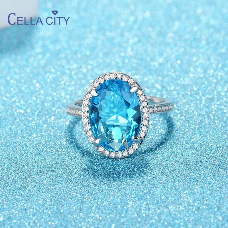 Cellacity Temperament Aquamarine Ring for Women Trendy Silver  Jewelry Oval shaped Gemstones Sea Blue Wedding Accessories