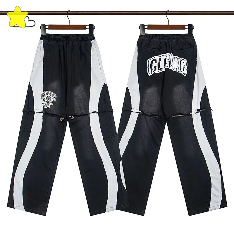 Men Women Vintage Washed Black Flocking Embroidery Logo Glo Gang Sweatpants 100% Cotton Detachable Zipper Wide Leg Striped Pants