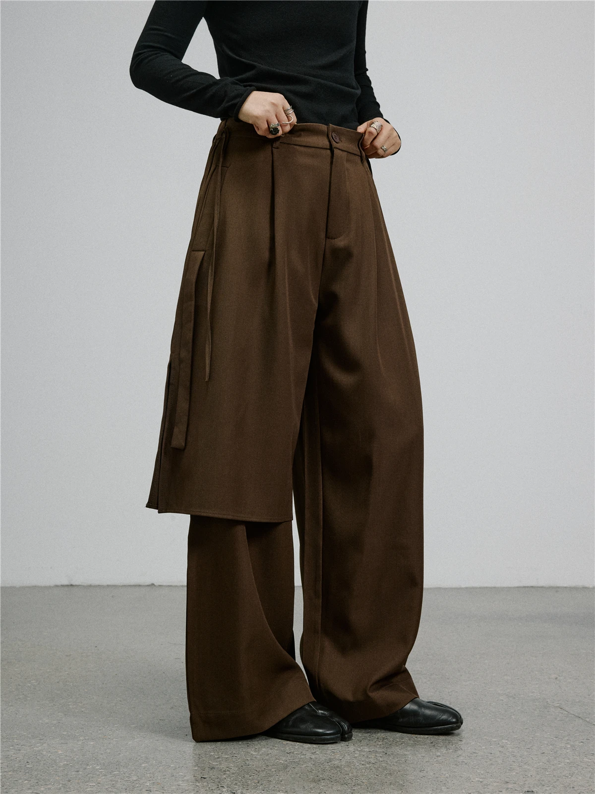 Sunyvonne Asymmetric Double Layer Wide Leg Pants Loose Casual Suit Pants Black  Deconstructed Style Women's Fashion