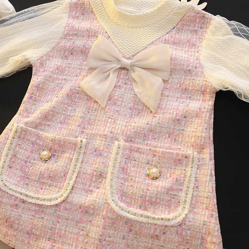 Elegant Children\'s Dresses For Girls Fashion Bow Long Sleeve Princess Kids Birthday Party Dress Spring Soft Baby Clothes Outfit