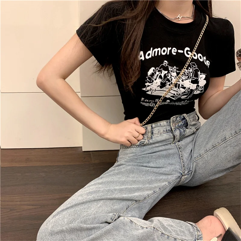 Women's ort Sve ort Print T-irt round Ne Slim Fit Versatile Sexy Belly Button Exposure Korean Sle Commute Trend
