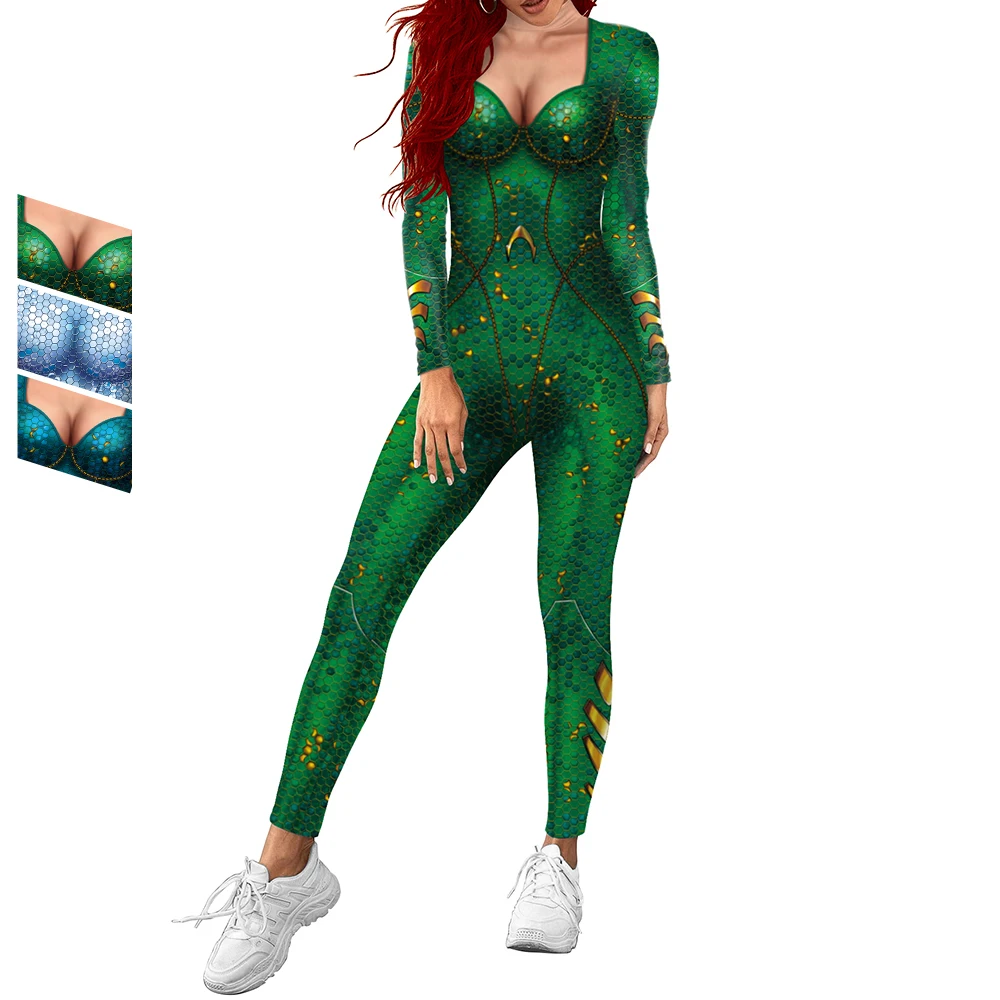 Zawaland Jumpsuit Women Bodysuit Carnival Green Digital Printing Female Holiday Party Long Sleeve Cosplay Funny Costume Onesie