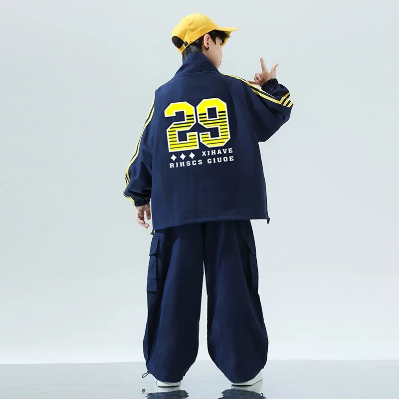 Ropa de Hip Hop para niños, camisa holgada azul de manga larga, abrigo, pantalones, traje de baile callejero de tambor para niñas, traje de actuación de Jazz XH1154