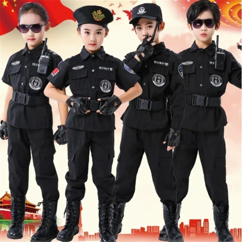 Uniforme da polícia do exército para crianças, roupas cosplay para crianças, uniformes de combate, meninos e meninas, fantasias de policiais