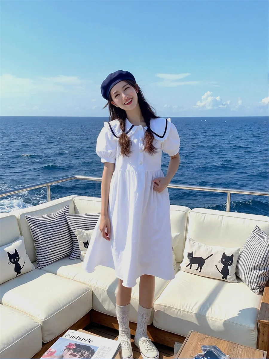 Vestidos de mujer estilo japonés Casual cuello Peter Pan suelto plisado plisado a mano volantes volantes fruncido nivel ahumado