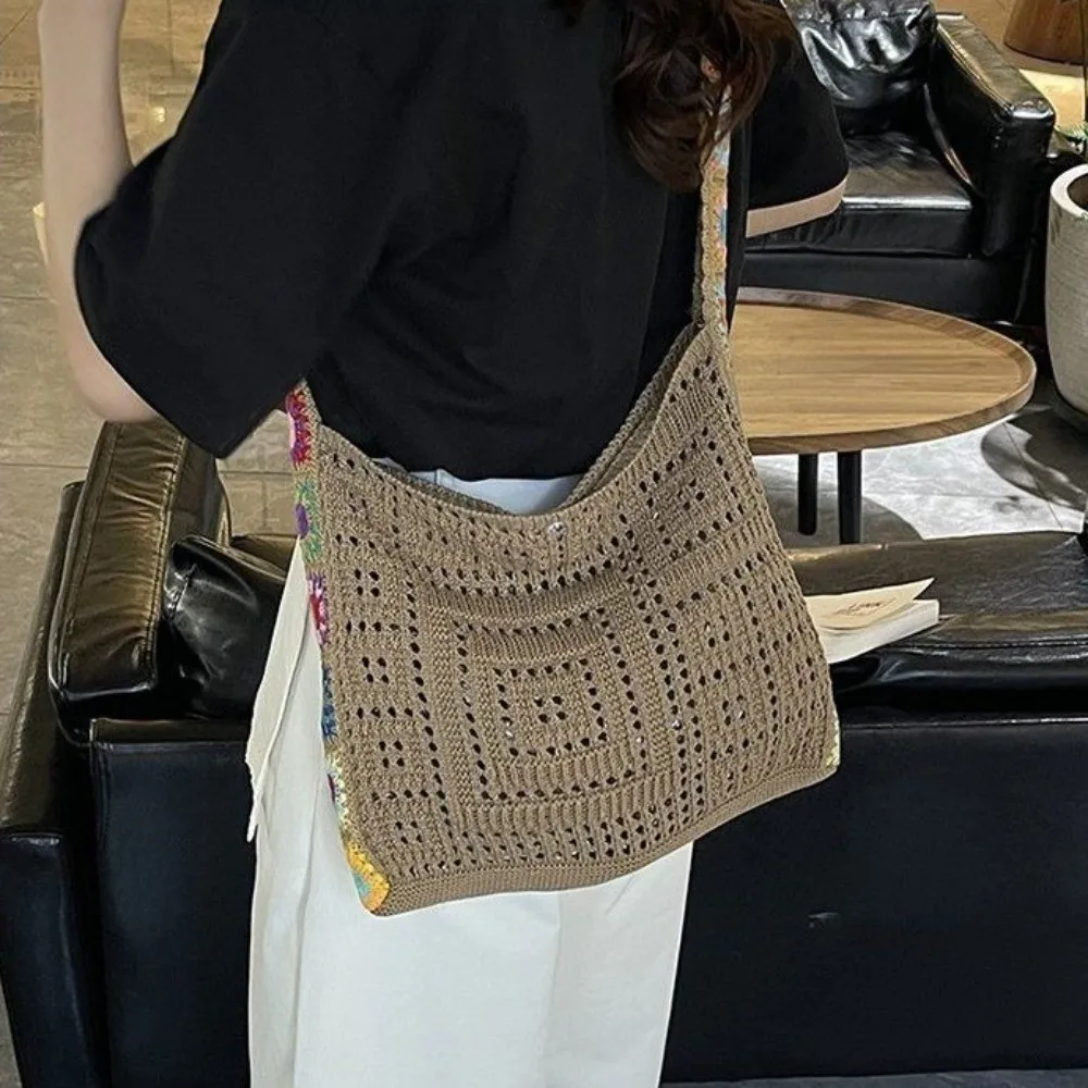 

Portable Solid Color Knitted Shoulder Bag Bohemian Hollow Crochet Tote Bag Woven Sundries Storage Bag Shopping Handbag Beach