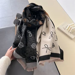 Winter Warm Bow Print Neckercheif Scarf for Women Luxury Thick Blanket Poncho Bandana Design Head Wrap Echarpe Bufanda 2024