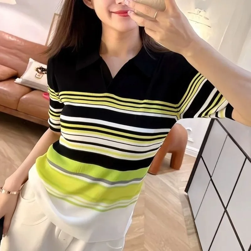 Women\'s Short Sleeve Turn-down Collar Contrast Color V-Neck Pullover Striped T-shirt Fashion Casual Comfortable Colorful Tops