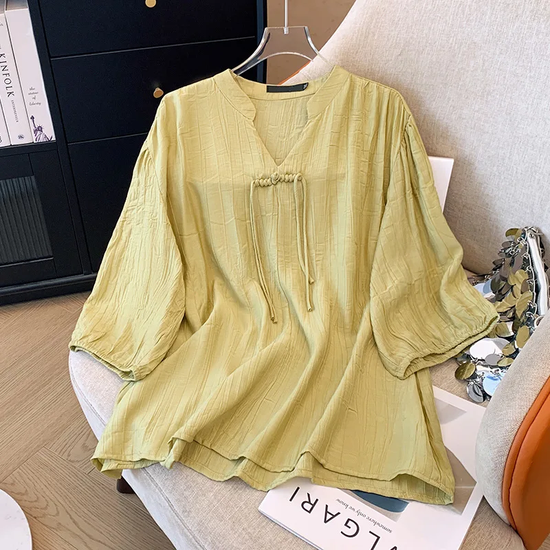 150Kg Plus Size Women's Bust 160 Summer Loose National Style V-Neck Medium Sleeved Button Pullover Shirt 5XL 6XL 7XL 8XL 9XL