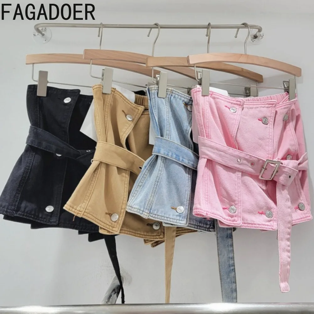 

FAGADOER Fashion Denim Y2K Streetwear Women Off Shoulder Sleeveless Backless Lace Up Button Splicing Tube Tops Summer Clothing