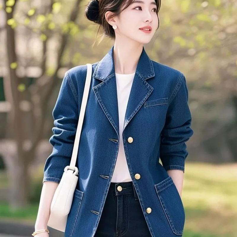 Unique Beautiful High-end Korean Style Retro Temperament Blue Denim Suit Jacket Women Spring Autumn