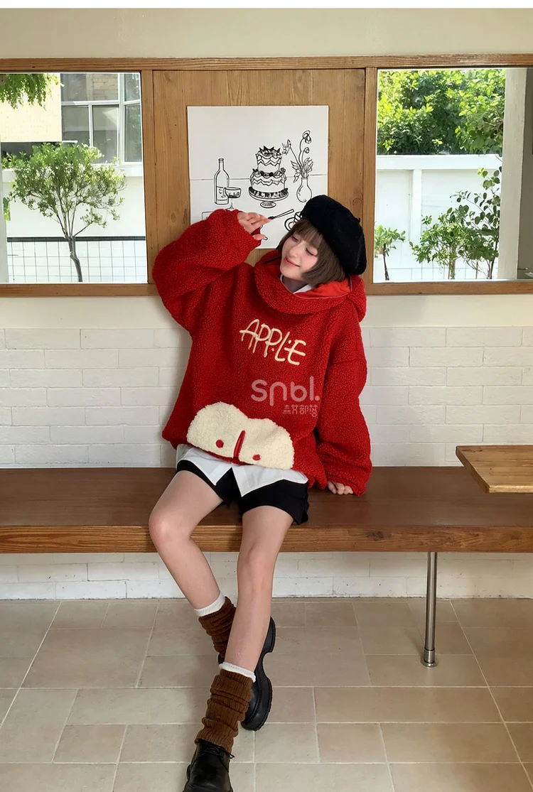 Christmas Kawaii Fun Apple Red Hoodies Tops Sweet Cute Embroidered Loose Casual Thick Fleeced Warm Sweatshirts for Women Winter - Image 6