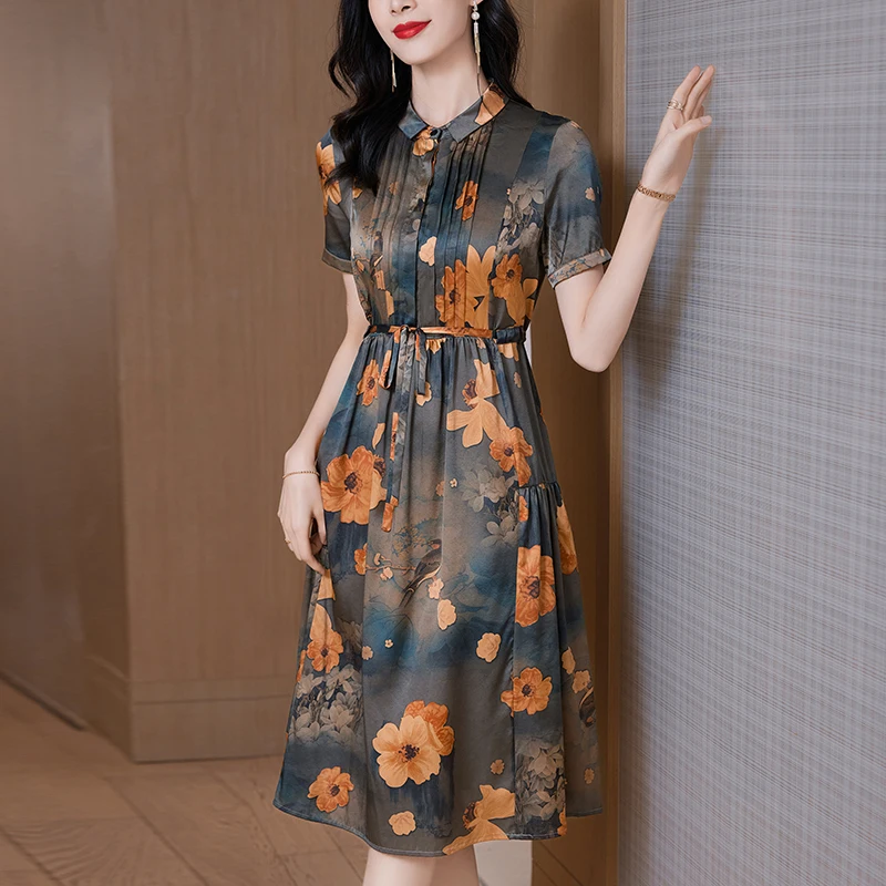 New 2026 Summer Long Dresses For Women Short Sleeve Real Silk Woman Satin Dress A-line Floral Print Office Lady Shirt Dress