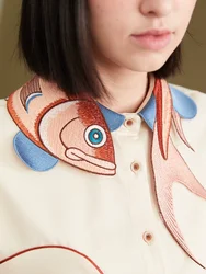 96-104cm Bust Spring Autumn Original Design Women Vintage All-match Lucky Koi Fish Embroidered Short Sleeves Shirts/Blouses