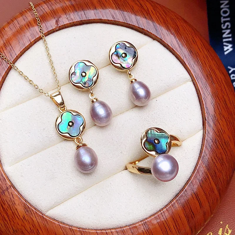 one set freshwater pearl white rice sea abalone shell  white rice ring/earrings/pendant/