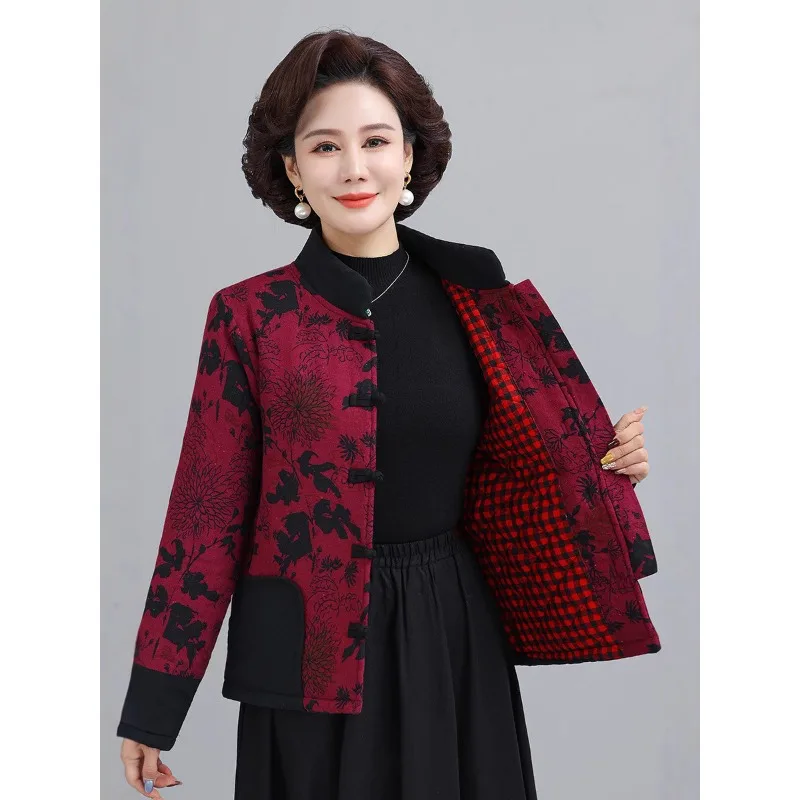 Womens Elderly Chinese Style Cotton Coat Stand Collar Frog Button Floral Print Winter Outerwear
