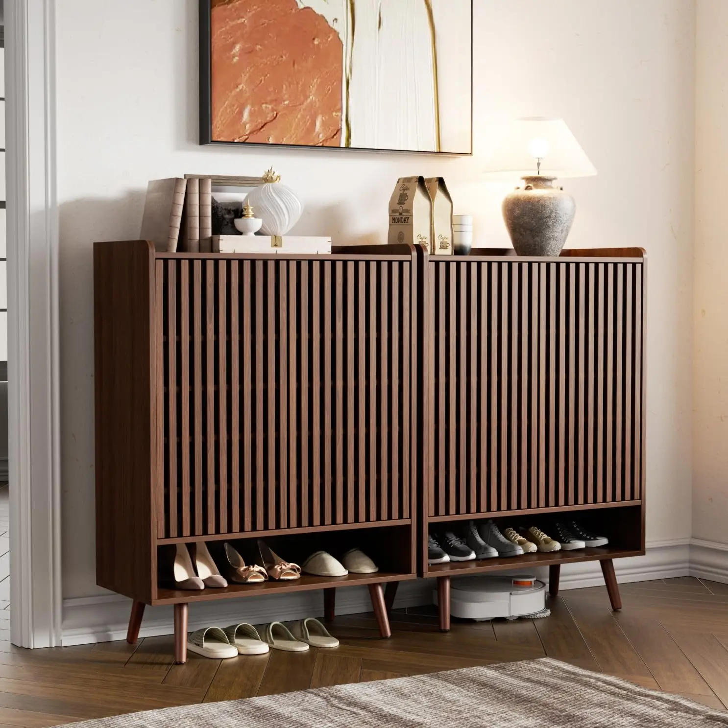 6-Tier Shoe Cabinet with Slatted Doors, 2-Pack Entryway Organizer, Customized