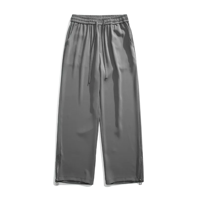 Men'sspring Autumn Elastic High Waisted Solid Zipper Pockets Casual Loose Work Wide Leg Trousers England Style Vintage Pants