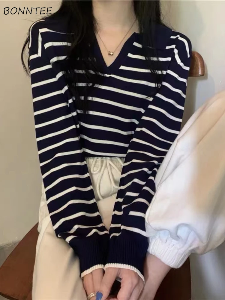 

Пуловеры женские с отложным воротником в полоску, универсальные повседневные осенние студенческие молодежные одежды, модная корейская модная повседневная уличная одежда