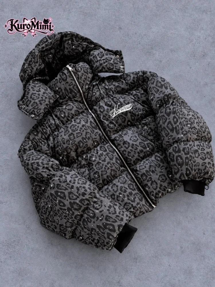 Winter Warm Leopard Print Diamond Puffer Parkas Women's Hip Hop Hooded Zip Up Oversized Padded Coat Streetwear Vintage Jackets