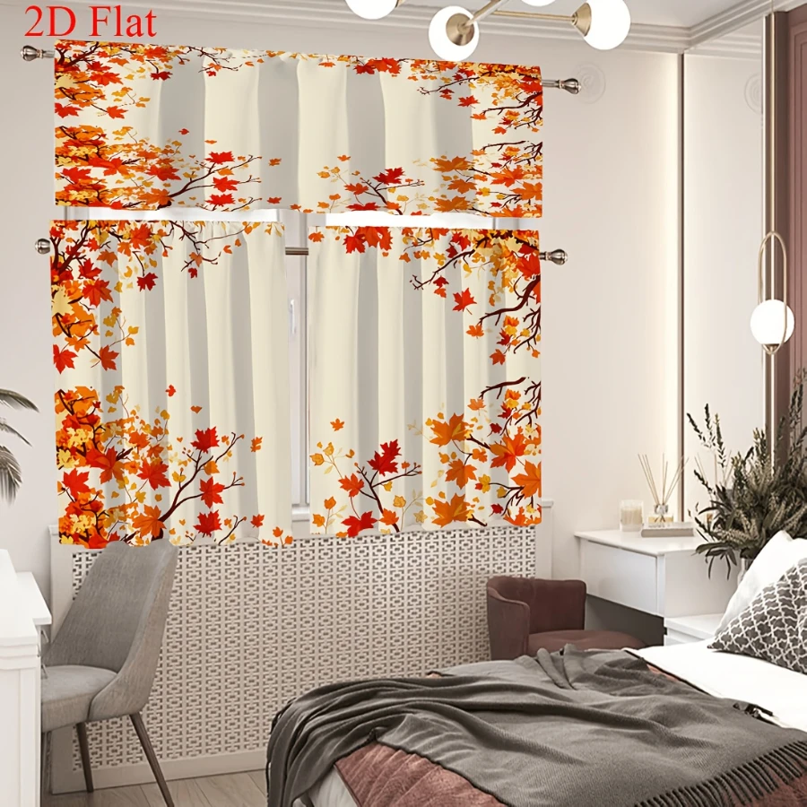 3-teiliges Küchenvorhang-Set mit Herbstblättermuster, Lebendige Herbstlaub-Fensterdekoration für Küche, Bad, Café und Heimdekoration – Detail 9