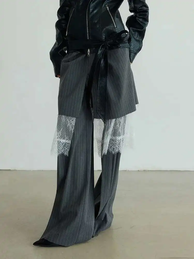 BJTZ All-in-one High-waisted Gray Stripes 2025 Spring And Autumn New Three-piece Lace Wide-leg Pants Women's New Pants Fashion