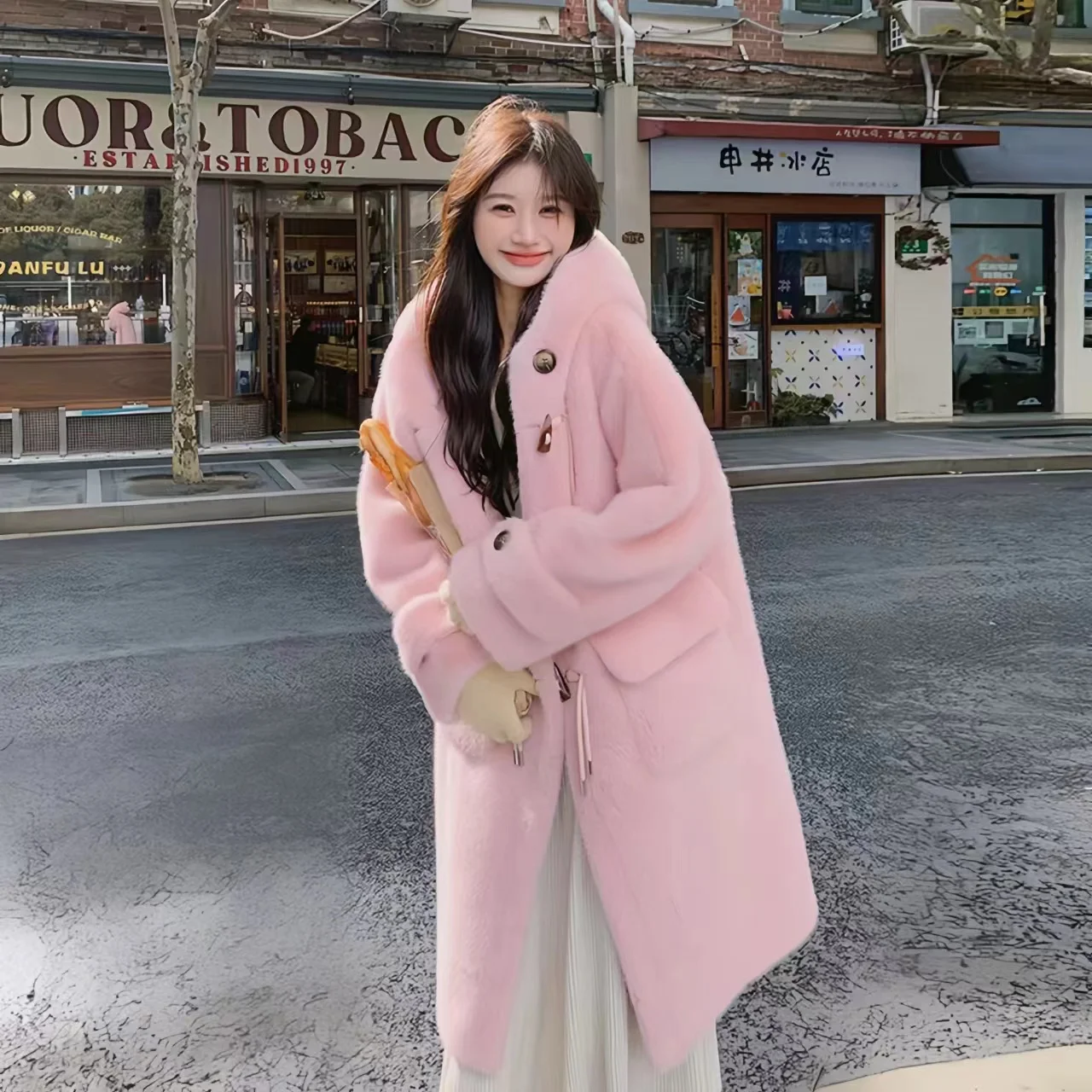 Faux Lamb Fur Coat for Women, Horn Button, Long Jacket,Thick Warm Clothes,Hooded,Preppy Style, Autumn and Winter, 2024