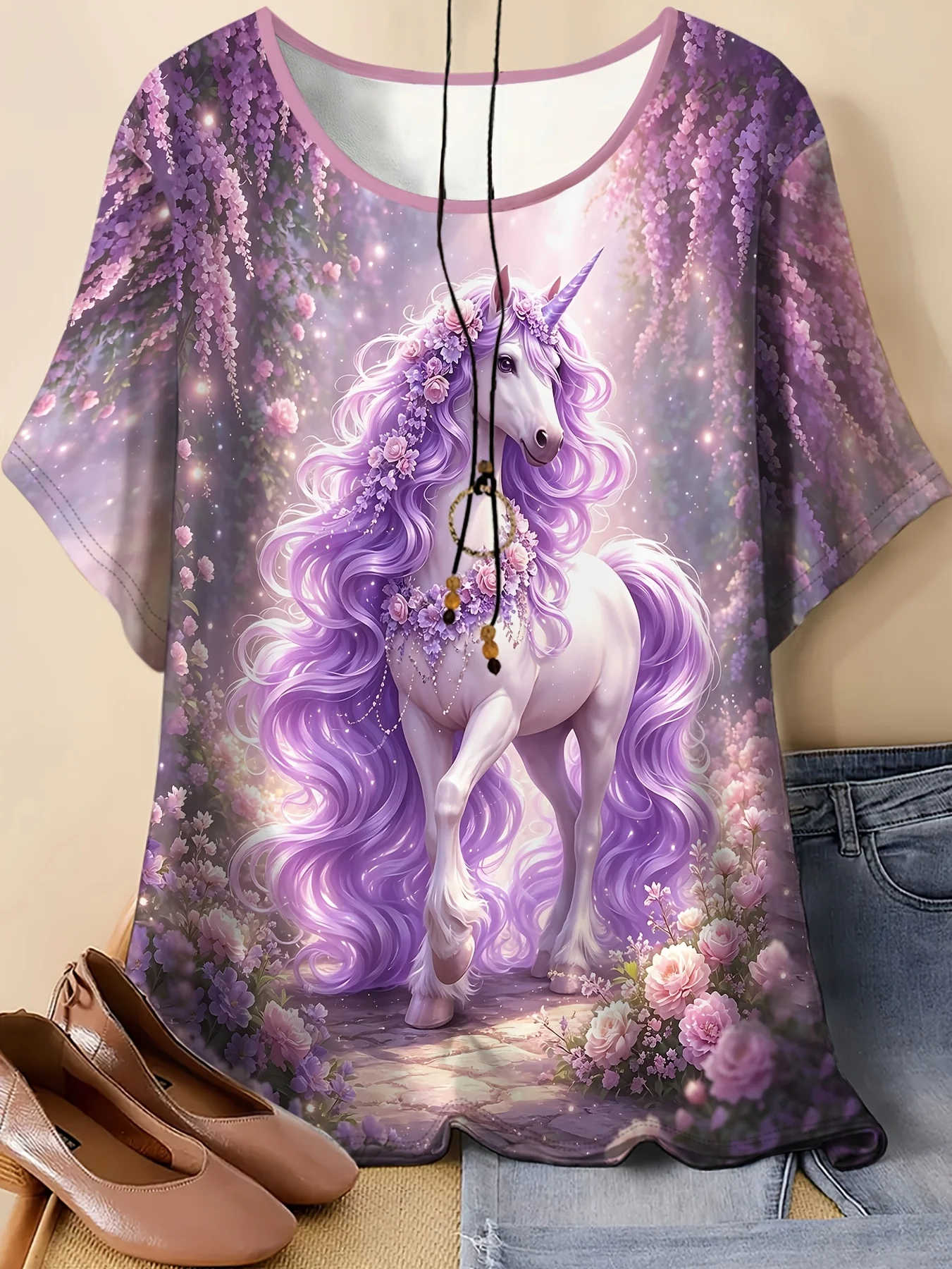 Women 3D Print T‑Shirt Fantasy Purple Unicorn Floral Garden Short Sleeve O‑Neck Casual Summer Holiday Tops