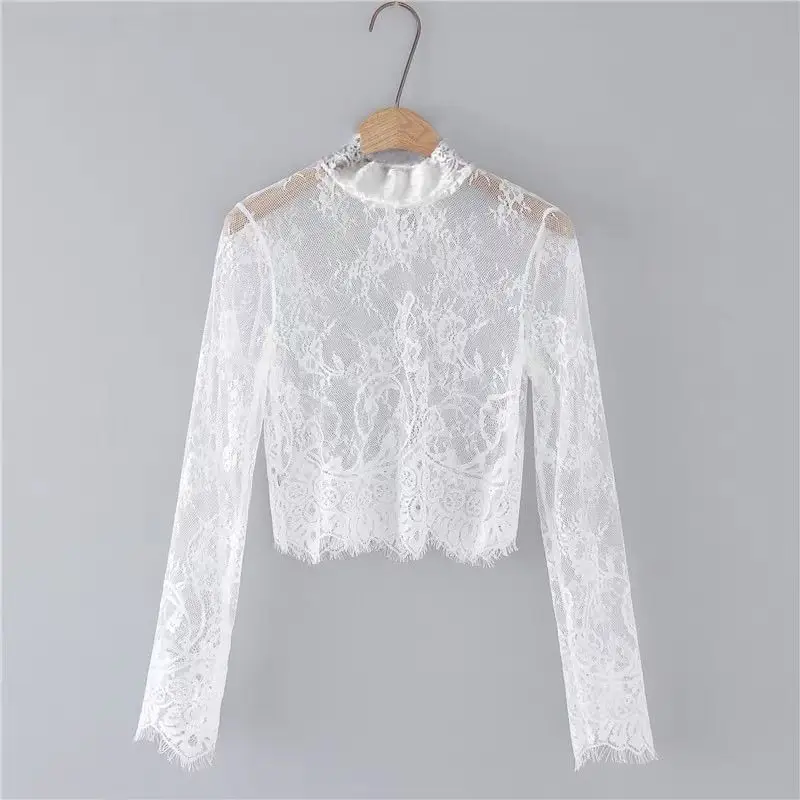 

Fashionable Thin Long Sleeve Lace Shirt High Waist Overbust Sexy Belly Baring Mesh Top Women's Commute Style Slim Fit Nylon