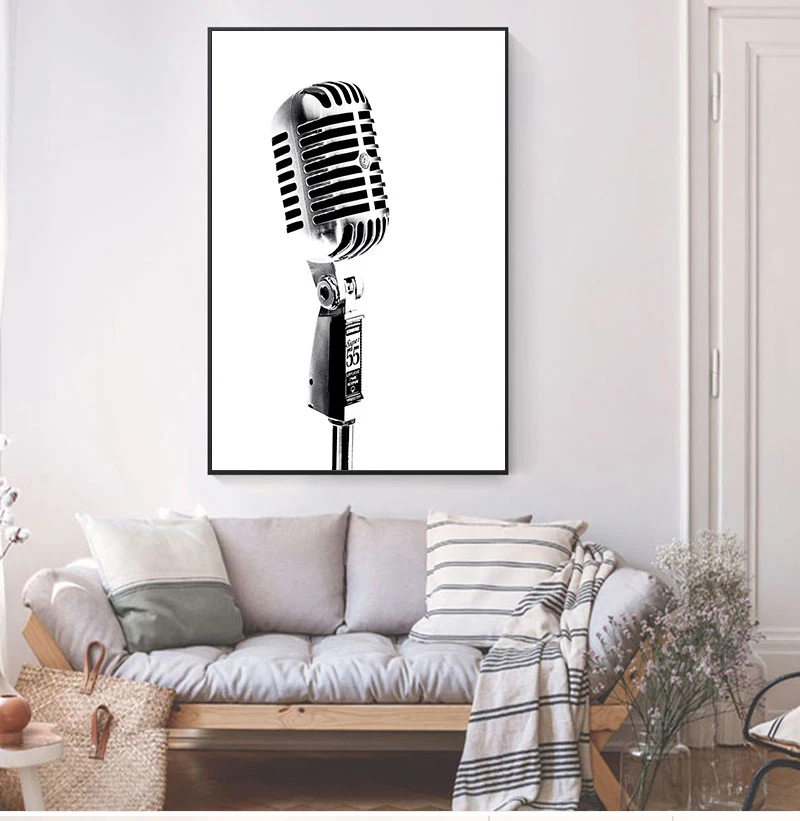 Black White Microphone Photo Poster Music Wall Art Canvas Print Vintage Painting Picture Jazz Music Lover Gift Bedroom Decor