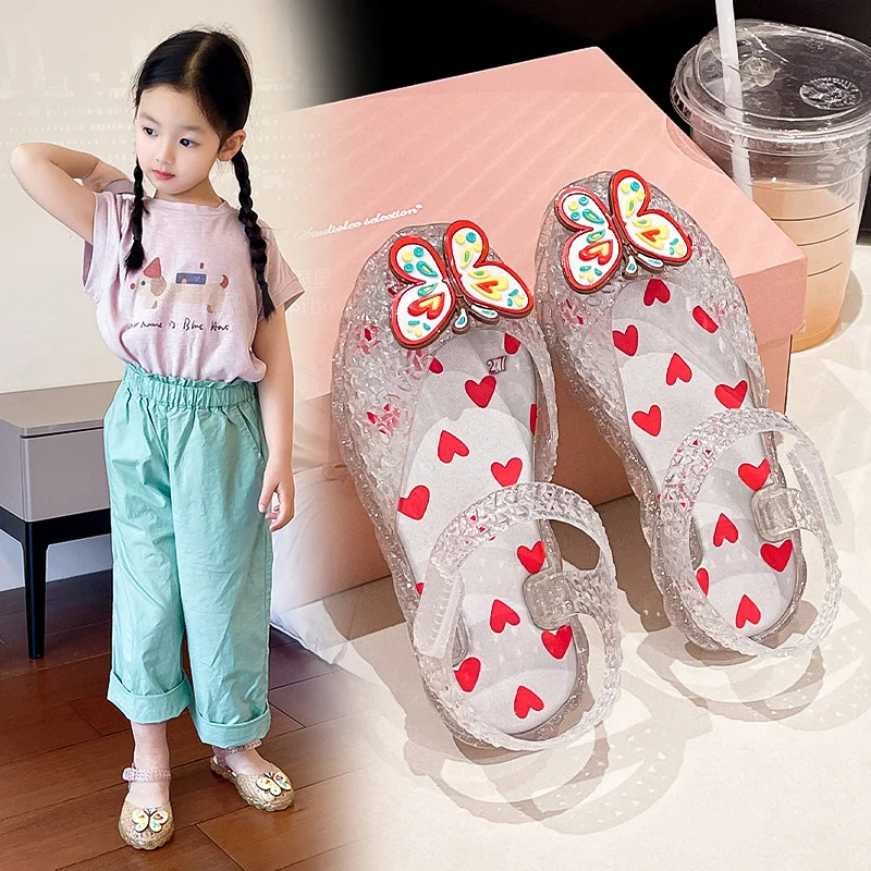 2026 Kids' Sandals Butterfly Decor Crystal Jelly Shoes PVC Love Baby Fashion Flat For Girls Breathable Anti-slip Size 24-35