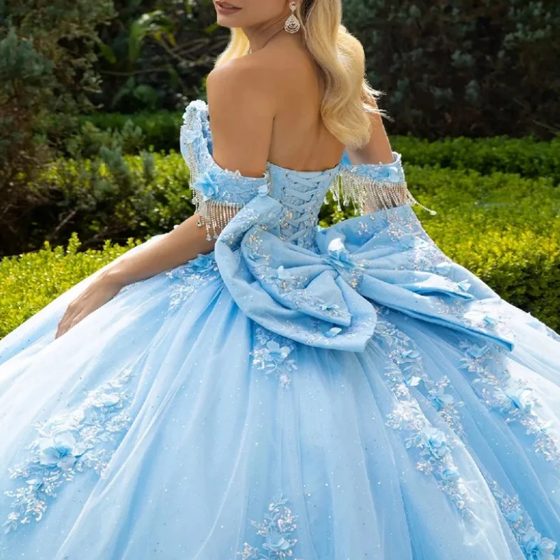 

A3162 Luxury Mexican 15 Girl Quinceanera Dresses Tassel Flower Lace Applique Bow Ball Gown Prom Birthday Party 16 14 Customized