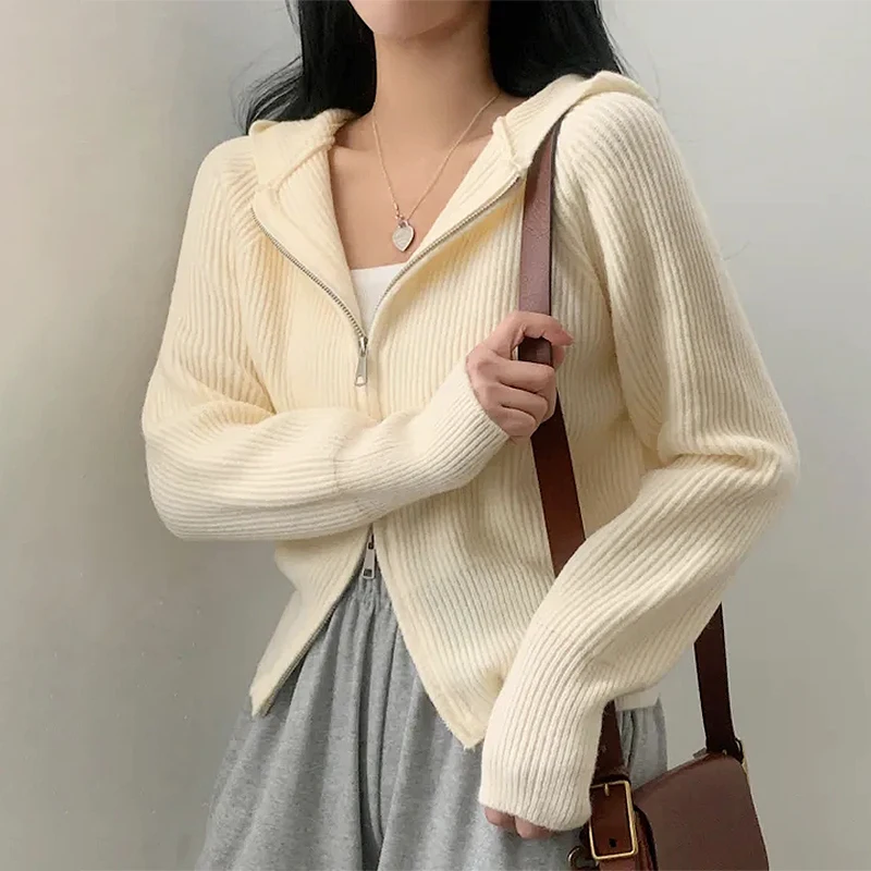 Chique outono inverno de malha manga crida com capuz cintura-cinching design de zíper jaqueta suéter versátil simples zípe...