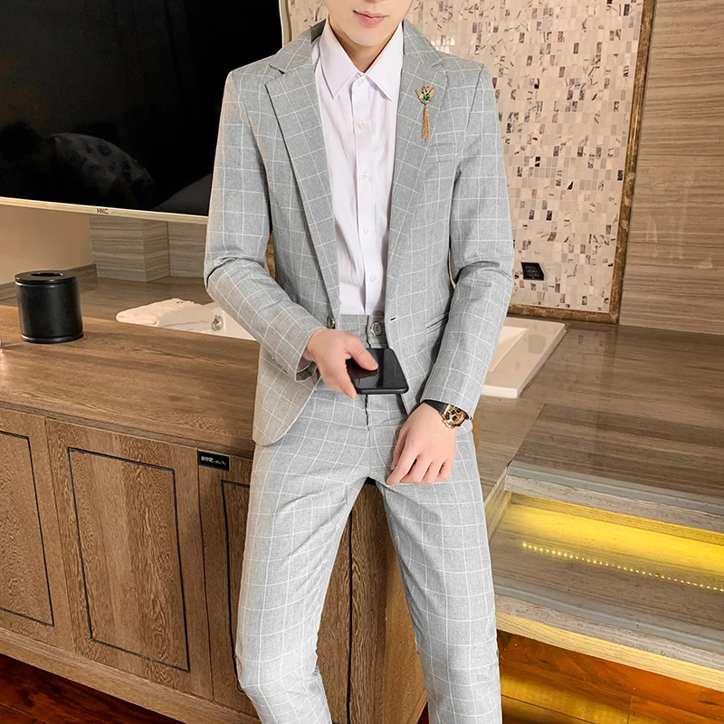 2024 autumn new men (suit + trousers) Korean version of handsome checkered slim fashion two-piece suit